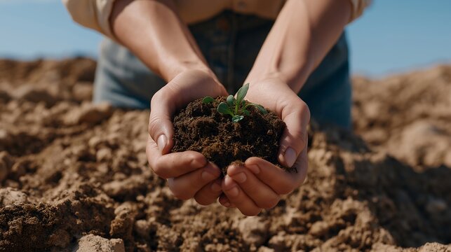Close-up of hands cupping the soil, highlighting texture and sprout detail — representing plant care, sustainable agriculture, mindful eco practices, nature connection, and inspirational content