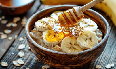 Oatmeal breakfast bowl with banana slices and honey drizzle for healthy eating