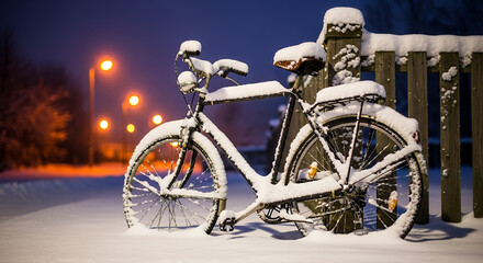 Fototapeta premium Bicycle covered in snow at night with streetlights in background 