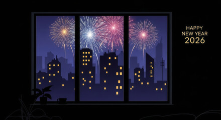 Urban skyline silhouette at night with fireworks and stars celebrating the new year over the city buildings