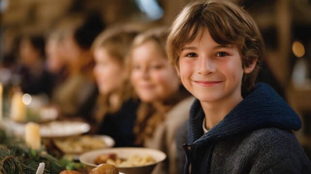 Children gathered around a long festive table enjoying a warm Christmas meal served by smiling volunteers — a moment of comfort, gratitude, and belonging, capturing the essence of love and - Powered by Adobe