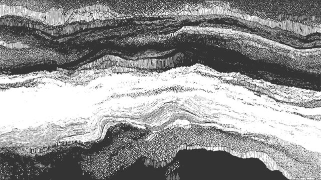 Black and white abstract cross section of geological strata with varied textures and patterns background