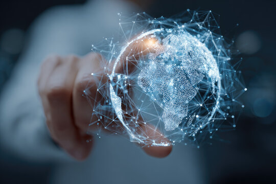 Businessman touch virtual global network and data exchanges with Global Internet connection metaverse.IoT (Internet of Things) concept. ICT (Information Communication Technology).