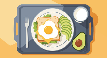 A delightful flat design illustration presenting a full breakfast spread, a egg sandwich, sliced avocado and a glass of coffee. This image embodies a wholesome and balanced start to the day.