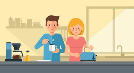 This cheerful flat design illustration shows a couple in a bright kitchen, collaboratively preparing breakfast by making coffee and toast. It symbolizes partnership and a happy start to the day.