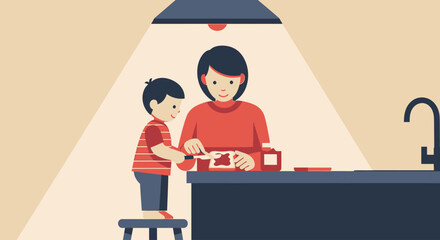 A heartwarming flat design illustration depicting a child assisting a parent in the kitchen, carefully spreading jam on toast for breakfast. This image conveys family bonding and shared morning ritual