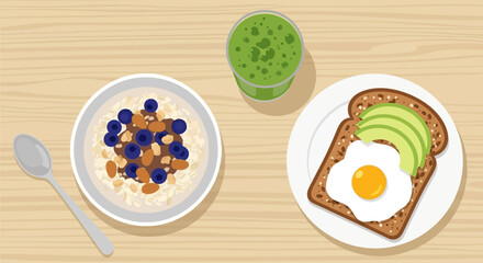 This crisp flat design illustration showcases a selection of healthy breakfast options, including oatmeal, a green smoothie, and avocado toast. It represents nutritious and mindful eating choices.