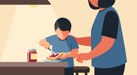 A heartwarming flat design illustration depicting a child assisting a parent in the kitchen, carefully spreading jam on toast for breakfast. This image conveys family bonding and shared morning ritual