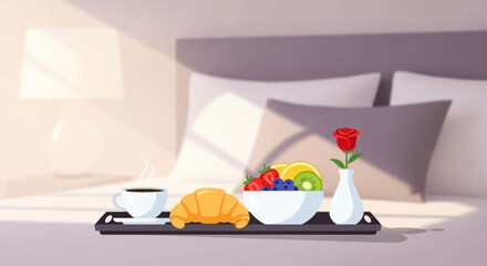A luxurious flat design illustration featuring a breakfast tray with coffee, a croissant, a bowl of fresh fruit and a flower, set on a bed. 