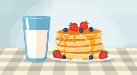 This cozy flat design illustration features a stack of freshly made pancakes with syrup and berries, perfect for a leisurely weekend breakfast. It evokes comfort and indulgence.