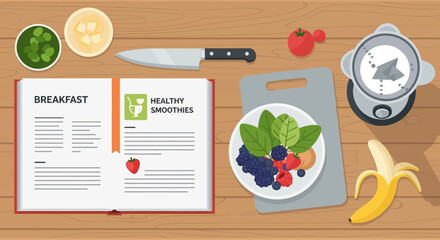 An instructional flat design illustration displaying an open cookbook with a breakfast recipe for healthy smoothies, surrounded by fresh ingredients.