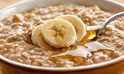Oatmeal breakfast bowl with banana slices and syrup ready to eat