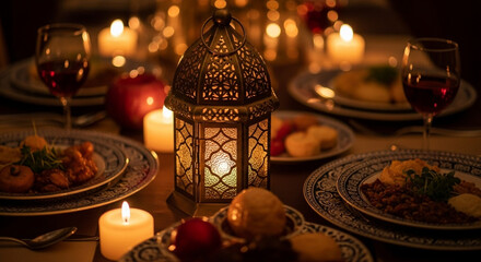 Festive Candlelit Dinner with Ornate Lantern for Celebration.