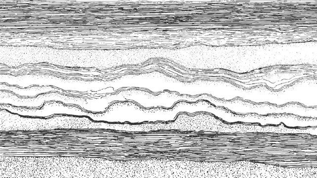 Black and white illustration of geological rock strata layers with wavy lines and stippled texture geology