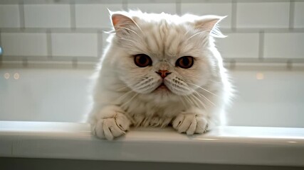 A curious white cat sits comfortably in a bathtub, its eyes fixed directly on the camera, capturing the concept of laid back indulgence and relaxation, perfect for representing leisurely.