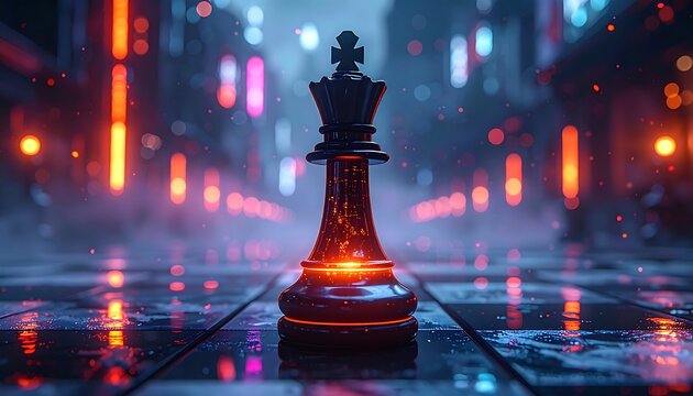 A glowing king chess piece on a reflective board set against a blurred city landscape, awash in red and blue lights