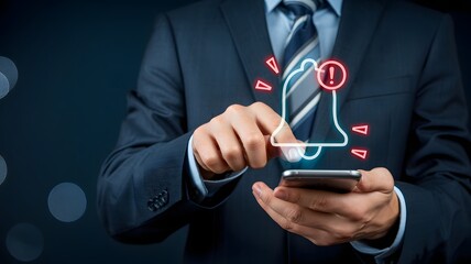 Man in Suit Using Smartphone with Notification Bell Alert Icon image photo
