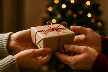 Close-up of hands exchanging Christmas gift