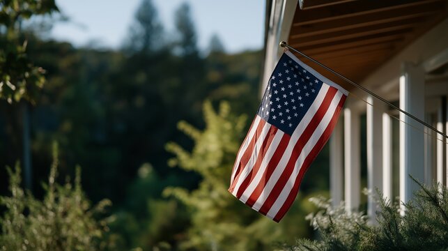 Small USA flag displayed prominently at a community renewable energy hub, symbolizing innovation, sustainability, and national pride, representing green technology initiatives, local patriotism,