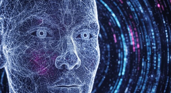 Abstract digital human face with data stream background, technology concept.