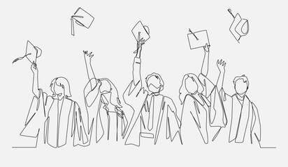 Continuous line drawing of students celebrating graduation throwing mortarboards. Editable line. Vector illustration.