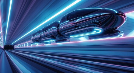 Fototapeta premium Futuristic Train Journey Through a Neon-Lit Tunnel.