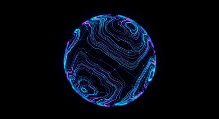 Abstract Glowing Sphere with Topographic Lines on Black Background.