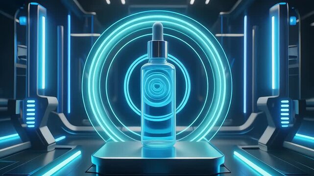 Futuristic serum bottle with neon lights and concentric circles.