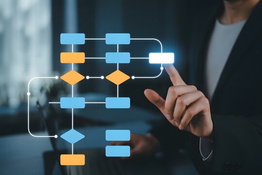 Person Touching Flowchart Diagram on Digital Interface for Process Visualization workflow algorithm