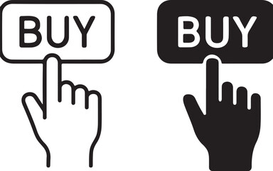 Hand cursor clicking a 'buy' button icon. outline and solid fill versions for online shopping, e-commerce, purchase, and digital transaction concept. isolated on white background, Vector, illustration