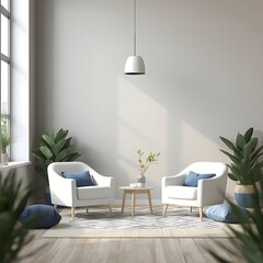 Minimalist living room featuring white armchairs complemented by blue accent decor, exemplifying modern simplicity.