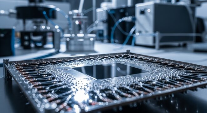 Quantum computing processor close-up in a laboratory setting.