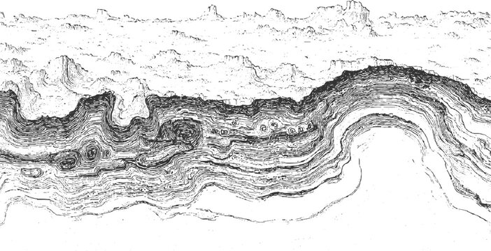 Black and white line art topographic map of rugged mountainous terrain with swirling patterns abstract