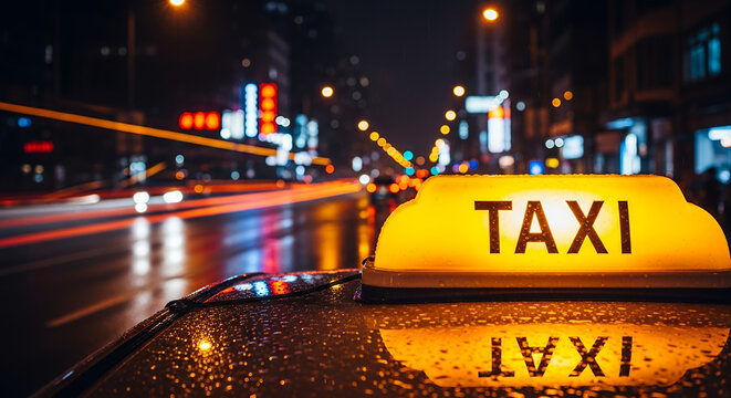 Taxi light illuminated on car rooftop reflecting in wet street at night  