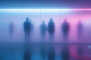 Fototapeta premium Silhouetted Figures in Neon Fog Corridor Emit Blue and Pink Glow, Moody Abstract Scene Suggesting Mystery, Privacy, and Urban Future, Ideal for Technology, Travel, or Business Concept Visuals