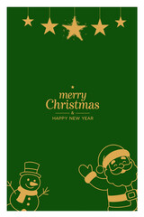a minimalistic christmas and new year greeting card with santa, a snowman, and sparkling stars on a green background.