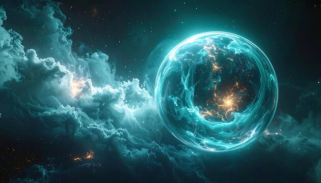 A luminous sphere with swirls amidst cosmic clouds and stars, glowing with ethereal light in deep space