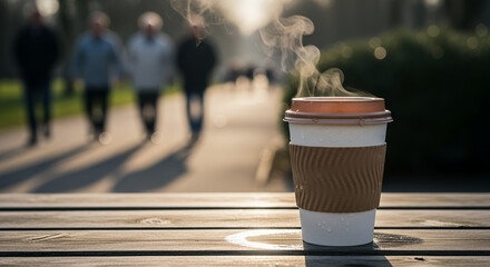 Coffee cup with steam on wooden table while people walk in park  