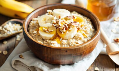 Oatmeal with banana and honey healthy breakfast bowl close up