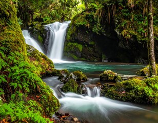 Lush waterfall cascades over mossy rocks into clear turquoise pool