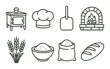Bread baking elements: oven, chef hat, wheat, dough, paddle, and fireplace icons