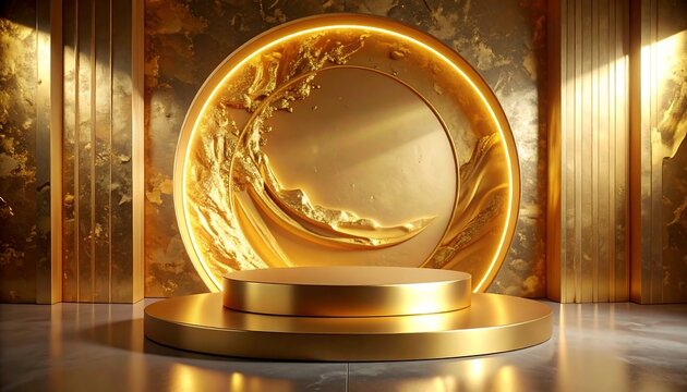 A golden circular stage platform with rippling golden waves within a luminous ring and marble floor