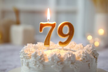 Elegant White Cake with Golden Number 79 Candle for Celebration