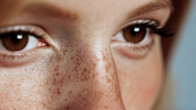 Close-up of a person&rsquo;s face with many freckles across the nose and cheeks.