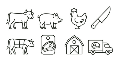 Obraz premium Livestock icons: cow, pig, chicken, knife, barn, meat cuts, truck