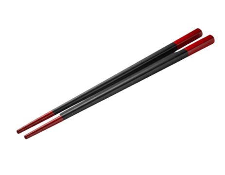 Angled Pair of Black and Red-Tipped Chopsticks, isolated on transparent background