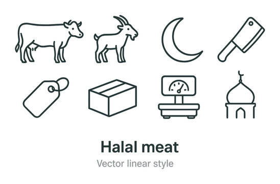 Halal meat symbols including cow, goat, and mosque icons