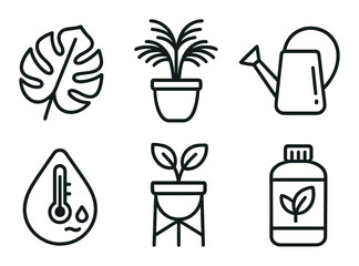 Minimalist plant icons: monstera, potted plant, watering can, thermometer, seedling, plant bottle