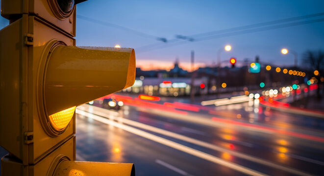 Traffic light glowing yellow at dusk with moving cars in background  