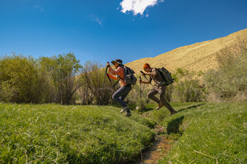 A couple jumps across a small stream with lush green banks, a rare oasis in the desert. A large sand dune and shrubs form the backdrop of this vibrant, contrasting landscape.